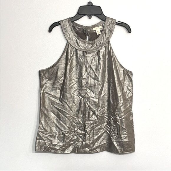 J Crew | Women’s Silver Halter Sleeveless Silk Pleated Blouse Top Size 6 - Picture 1 of 12
